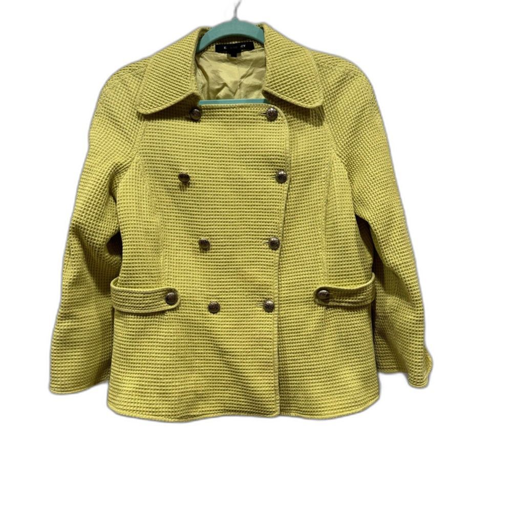 Ellen Tracy Blazer Jacket Double Breasted Yellow Waffle Coat Womens sz Medium